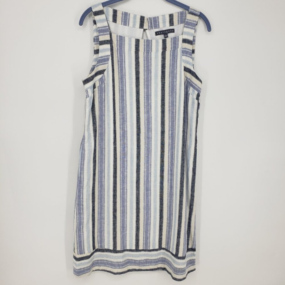3/$25 Sharagano Striped Linen Dress 6 Sleeveless  Blue